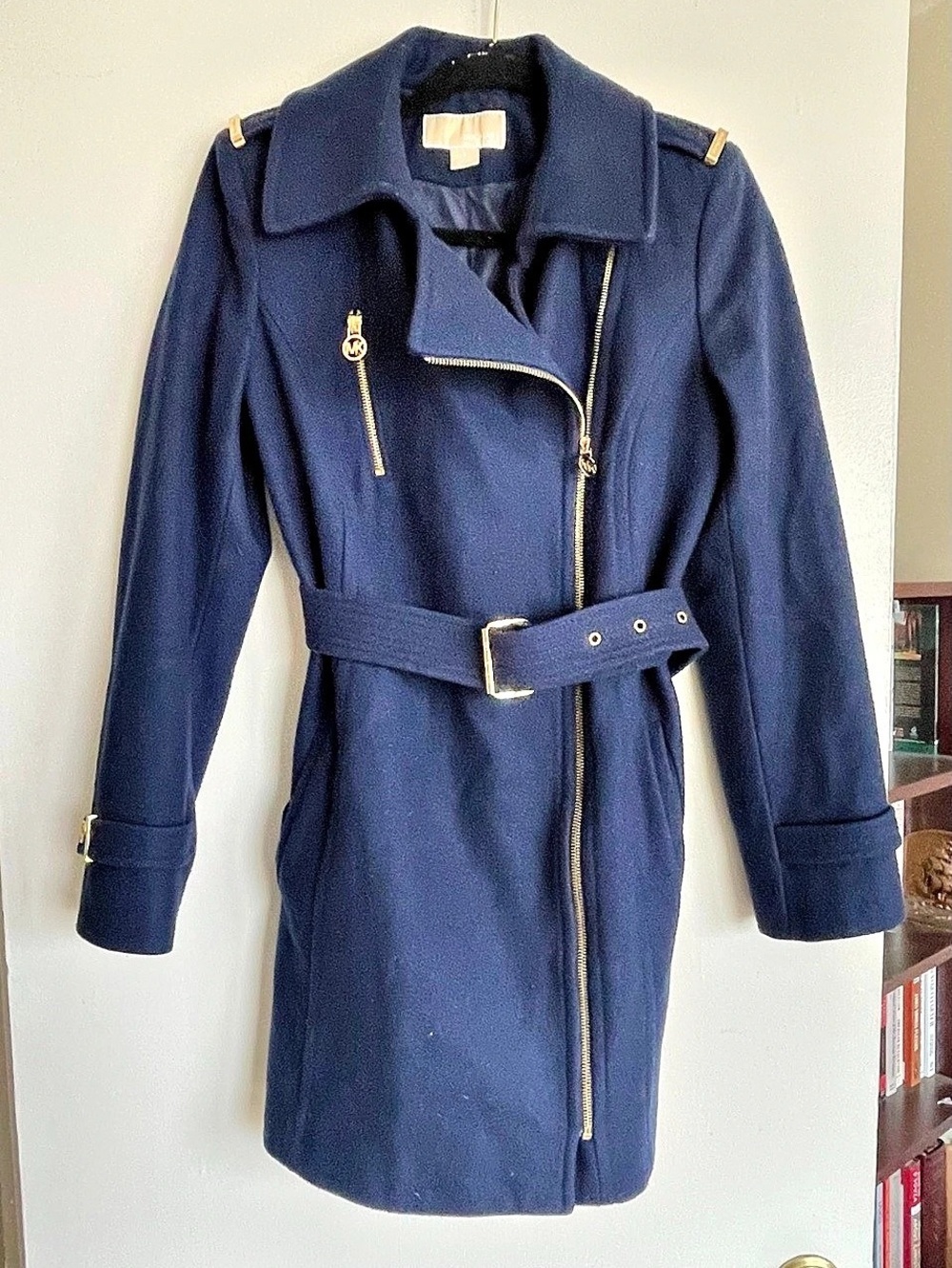 Michael Kors Navy Belted Zip Front Coat Size 8 - Like New